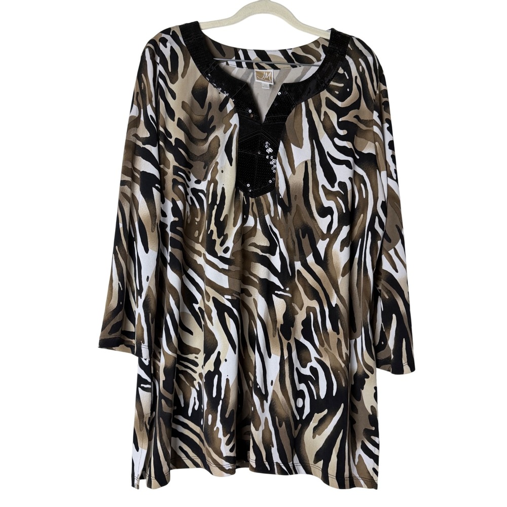 JM Collection Tunic Top Women 2X Brown Zebra Print Sequin Split Neck 3/4 Sleeve